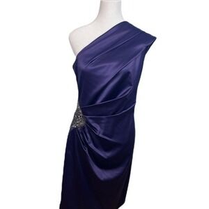 Eliza J One-Shoulder Midi Length Purple Satin Dress with Sequins Size 8 Pristine